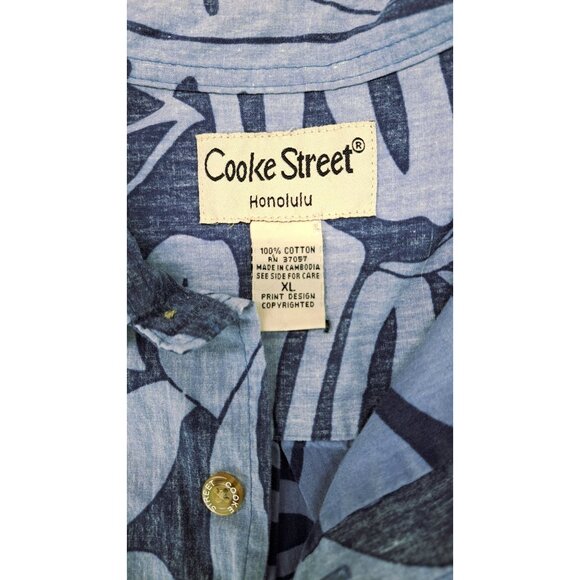 Vintage Cooke Street Honolulu Blue Leaf Aloha Button-Up Shirt XL Hawaiian Tiki - Picture 4 of 6